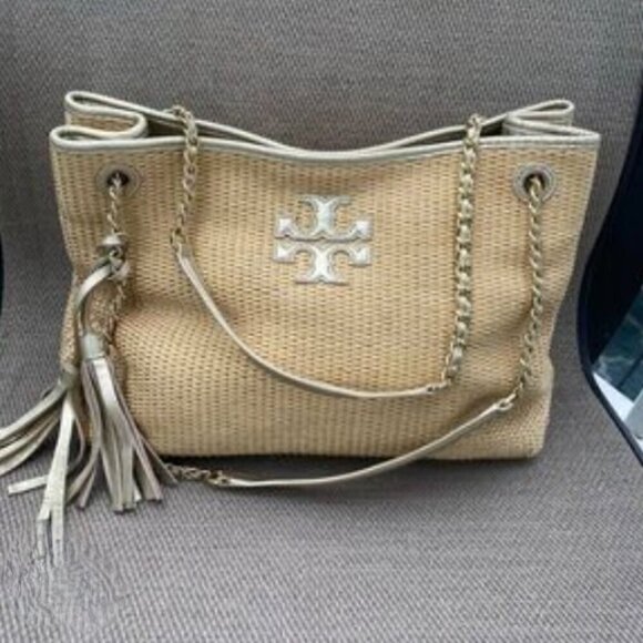 Tory Burch Woven Shoulder Bag Purse Tote Gold Accents Tassels Natural - Picture 13 of 14